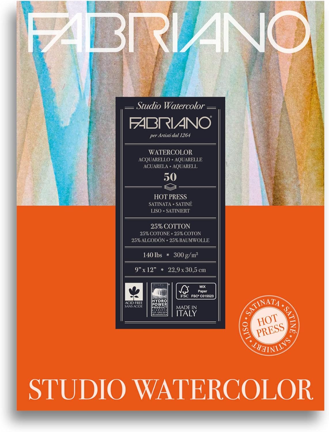 Fabriano Studio - Bloc de acuarela, prensa caliente, 9 x 12 pulgadas, 140 libras, 50 hojas, blanco