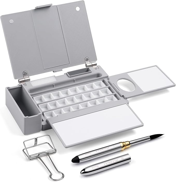 Caja de Paleta de Acuarela de Viaje, Kit Portátil Todo en Uno con 24 Rejillas de Media Sartén Vacías y Removibles, Pincel de Viaje