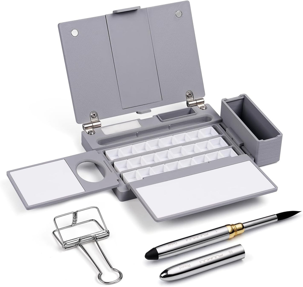 Caja de paleta de acuarela de viaje, kit de acuarela portátil todo en uno con 24 rejillas de media sartén extraíbles vacías, cepillo de viaje, taza de acuarela y clip, juego de aire Plein para artistas de la mano derecha