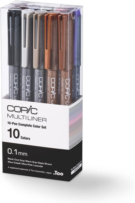 Set de marcadores Copic Multiliner, juego completo de 10 bolígrafos de color - 0.3mm, tinta de pigmento a base de agua (resistente al alcohol y se vuelve impermeable cuando se seca)