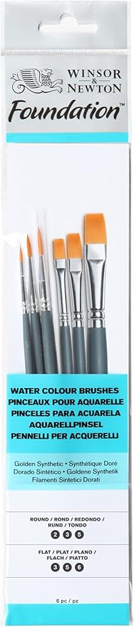 Winsor & Newton Juego de pinceles mango corto, redondo y plano, paquete de 6