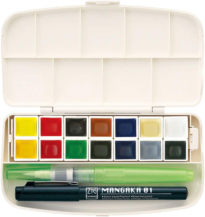 Kuretake GANSAI TAMBI Juego portátil de 14 colores, juego de pinturas de acuarela, kit de viaje con pincel, paleta