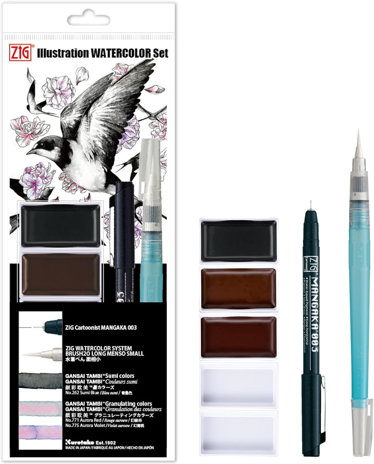 Kuretake Zig juego de acuarela para ilustración, 3 Gansai Tambi, pluma Fineliner y Waterbrush, para Inktober, Manga, Dibujo, Caligrafía, Profesional, Artista, Fabricado en Japón