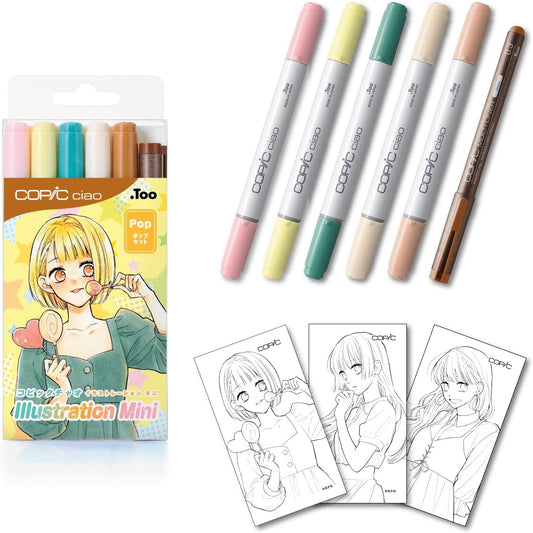 Copic Ciao - Juego Mini Pop de Ilustración, 5 rotuladores de alcohol + 1 pluma de dibujo Multiliner