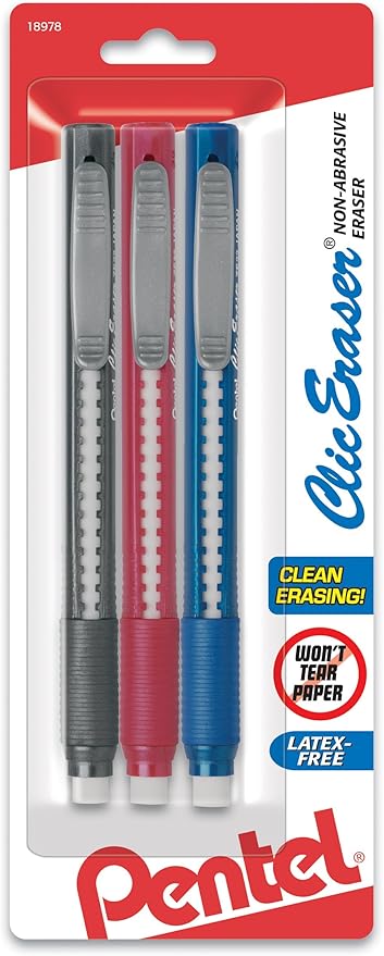 Pentel Clic Eraser Grip - Borrador retráctil con agarre, barriles surtidos, 1 paquete de 3