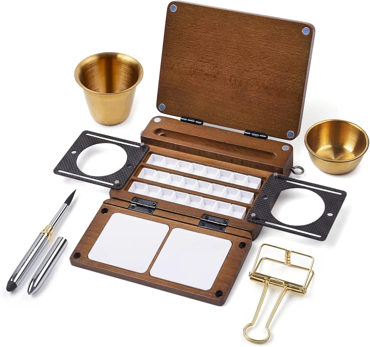 Caja de paleta de acuarela vacía de viaje de 24 rejillas, kit de bandeja de paleta de madera de nogal todo en uno, mini caja de bocetos portátil