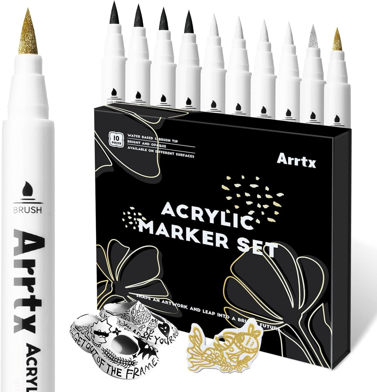 Arrtx Marcadores de pintura acrílica, paquete de 10 puntas extra de cepillo blanco metálico