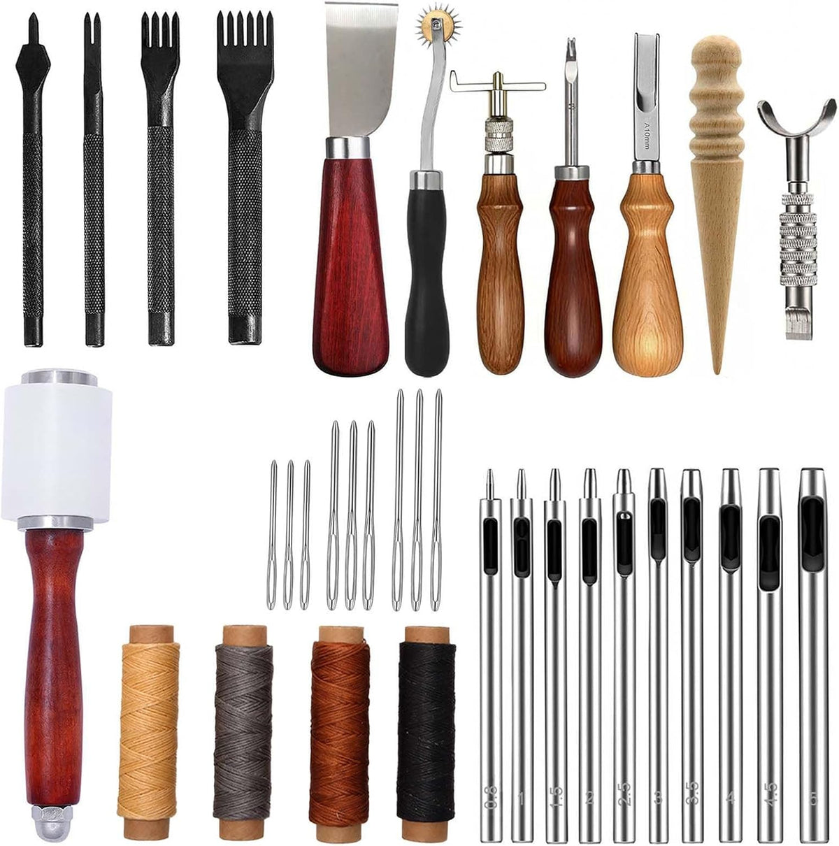 Herramientas de trabajo de cuero, práctico kit de manualidades de cuero con tallado, costura, punzonado, corte y otras herramientas de lijado para manualidades, reparación de proyectos de bricolaje