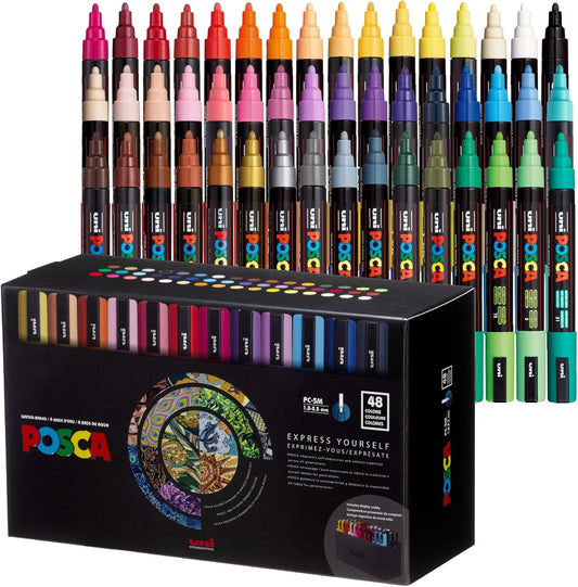 POSCA PC-5M - Marcadores de pintura a base de agua, punta media (0.071-0.098 in), colores surtidos, paquete de 48 con organizador de exhibición