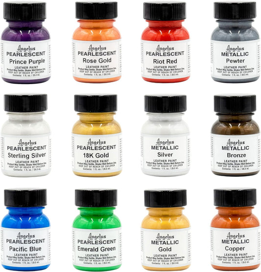 Angelus Kit de pintura acrílica para cuero, juego de 12 unidades (1 onza cada uno), pintura acrílica metálica profesional, resistente a las grietas,  para zapatos