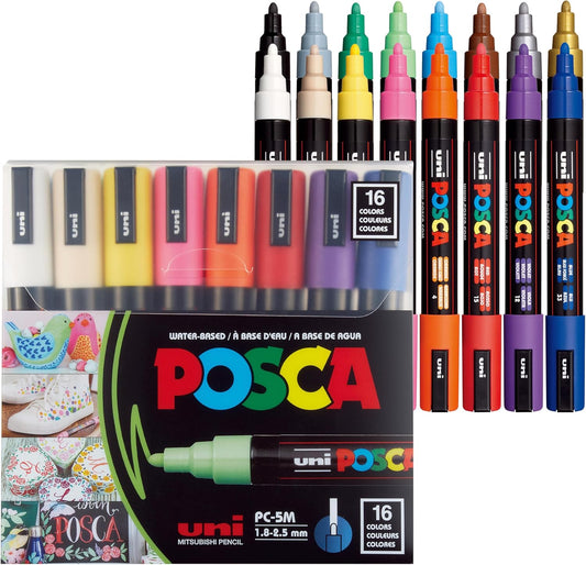 Uni POSCA PC-5M - Rotuladores de pintura a base de agua, punta reversible media (1.8-2.5mm), colores surtidos, paquete de 16